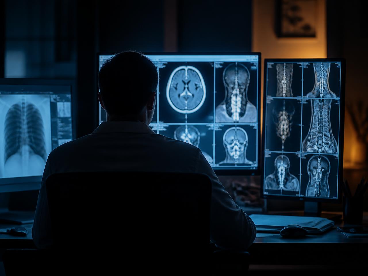 Radiologists reviewing a diagnostic study on reading room displays