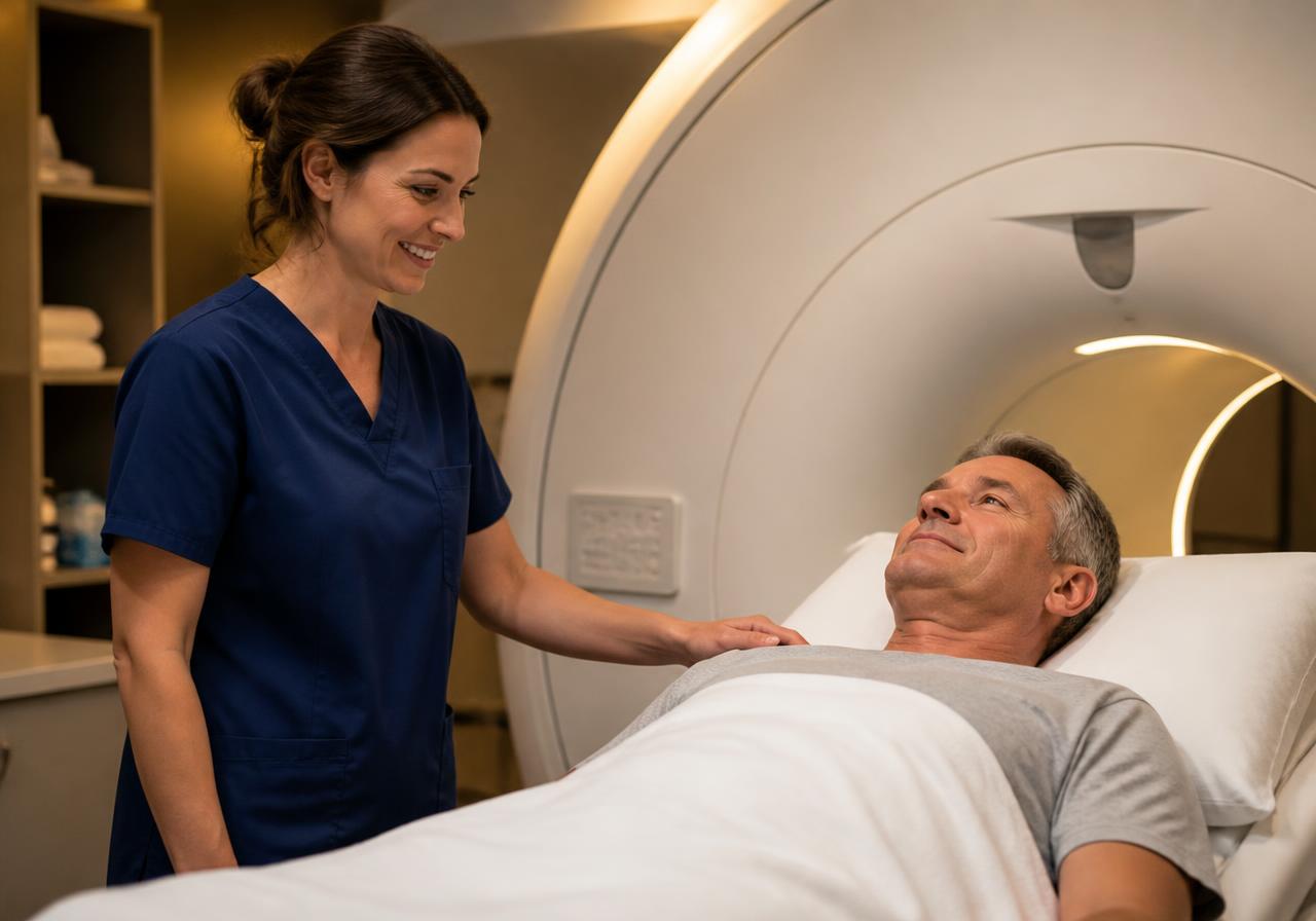 A technologist preparing a patient for an imaging scan