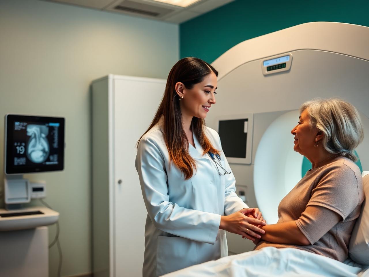 Radiologic technologist preparing a 3D mammography exam