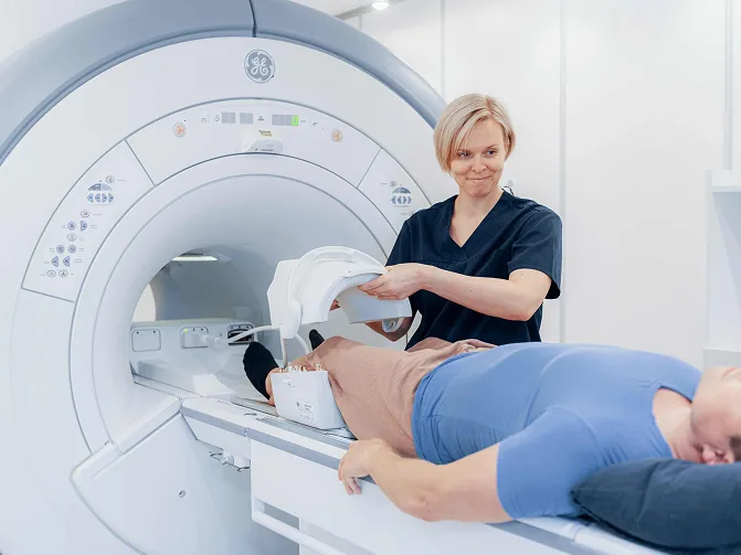Knee positioned in a dedicated coil for joint MRI at Lucent Medical Imaging in Glendale, California