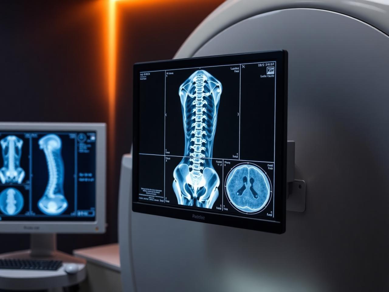 Spine MRI images on a diagnostic monitor at Lucent Medical Imaging in Glendale, California