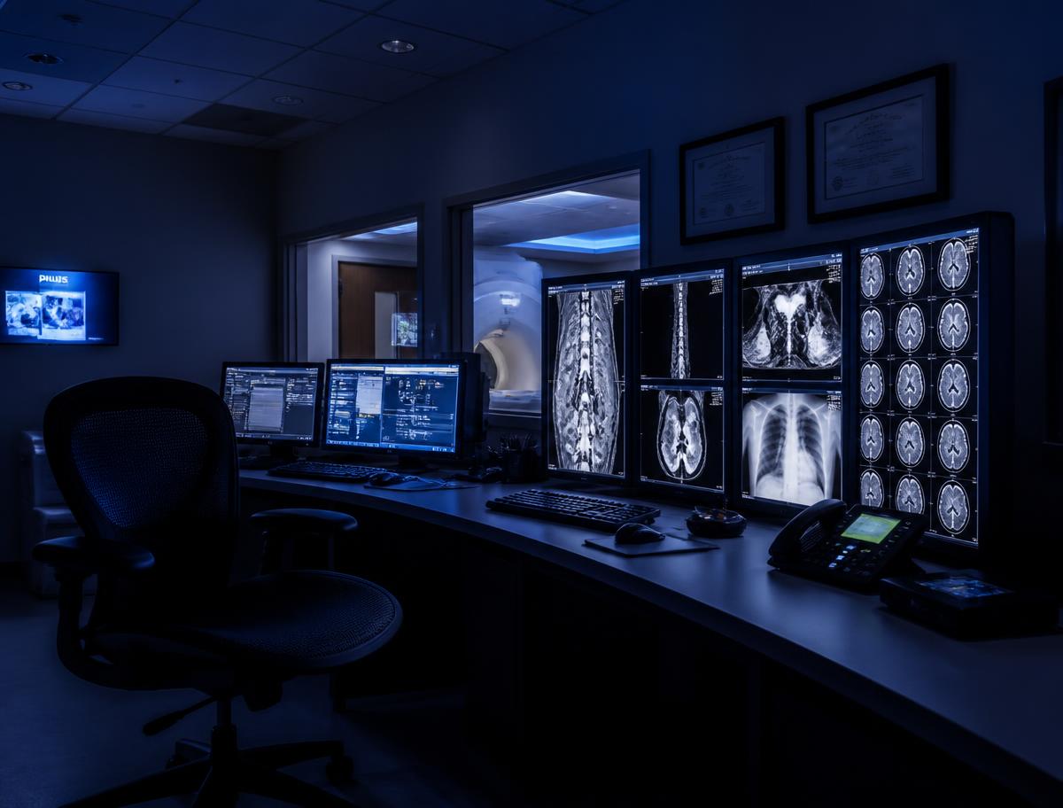 Benefits team verifying imaging insurance coverage on screen